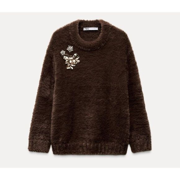 Zara Womens Sweater S Brown Faux Fur Knit With Brooch Pullover 5755/118 NWT - Picture 1 of 12